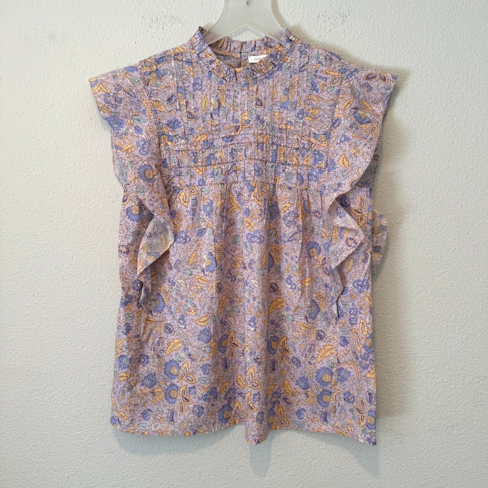 Love the Label‎ Floral Pintuck Flutter Sleeve Cotton Top Purple Yellow XS NWT